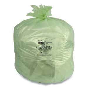 BIOTUF COMPOSTABLE CAN LINERS, 48 GAL, 0.8 MIL, 42" X 48", GREEN, 25 BAGS/ROLL, 5 ROLLS/CARTON by Heritage