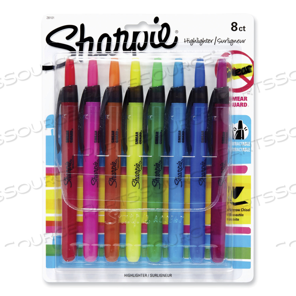 RETRACTABLE HIGHLIGHTERS WITH STORAGE POUCH, ASSORTED INK COLORS, CHISEL TIP, ASSORTED BARREL COLORS by Sharpie RETRACTABLE HIGHLIGHTERS WITH STORAGE POUCH, ASSORTED INK COLORS, CHISEL TIP, ASSORTED BARREL COLORS by Sharpie