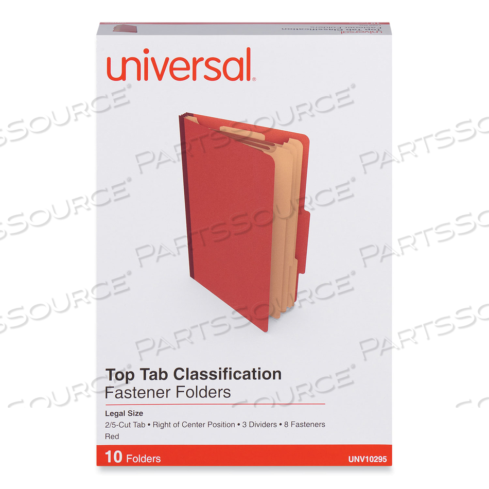 EIGHT-SECTION PRESSBOARD CLASSIFICATION FOLDERS, 3" EXPANSION, 3 DIVIDERS, 8 FASTENERS, LEGAL SIZE, RED EXTERIOR by Universal