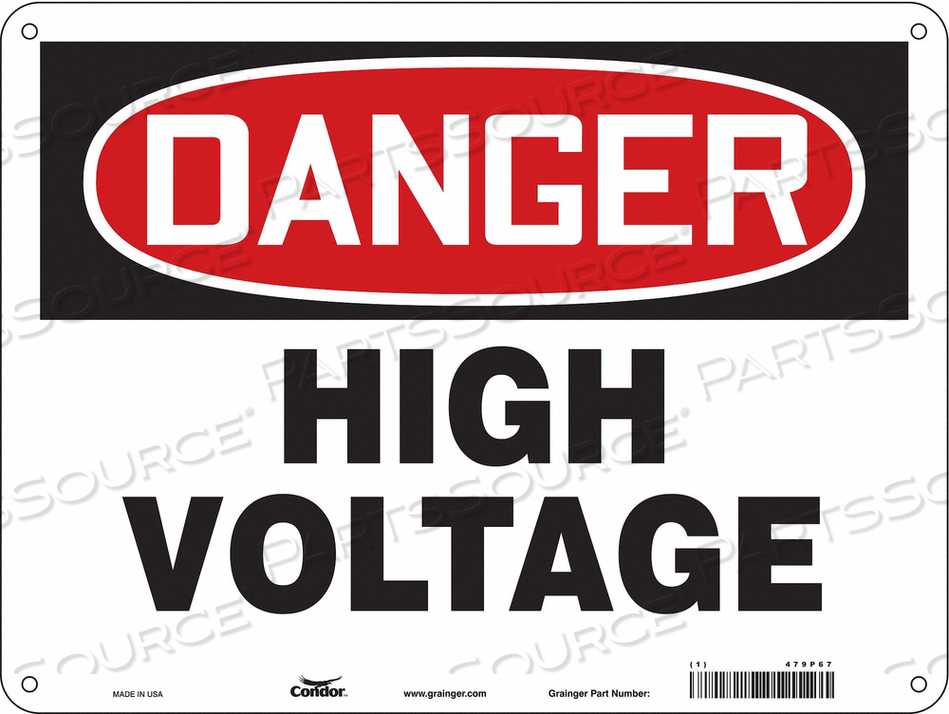 SAFETY SIGN, HORIZONTAL RECTANGLE, NUMBER OF PRINTED SIDES 1, ENGLISH, SIGN FORMAT TRADITIONAL OSHA, SIGN LEGEND HIGH VOLTAGE, SIGN LEGEND B by Condor