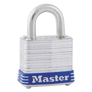 FOUR-PIN TUMBLER LOCK, LAMINATED STEEL BODY, 1.12" WIDE, SILVER/BLUE, 2 KEYS by Master Lock FOUR-PIN TUMBLER LOCK, LAMINATED STEEL BODY, 1.12" WIDE, SILVER/BLUE, 2 KEYS by Master Lock