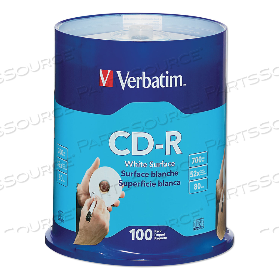 CD-R RECORDABLE DISC, 700 MB/80 MIN, 52X, SPINDLE, WHITE by Verbatim