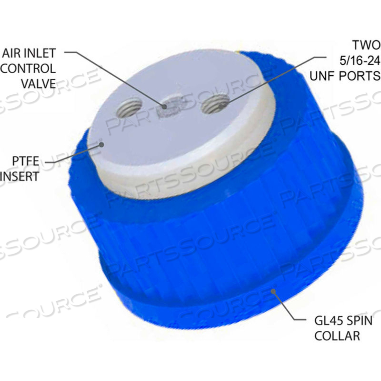 2-PORT CAP WITH AIR INLET VALVE AND PLUGS, FOR GLASS BOTTLES WITH GL45 CLOSURE, BLUE 