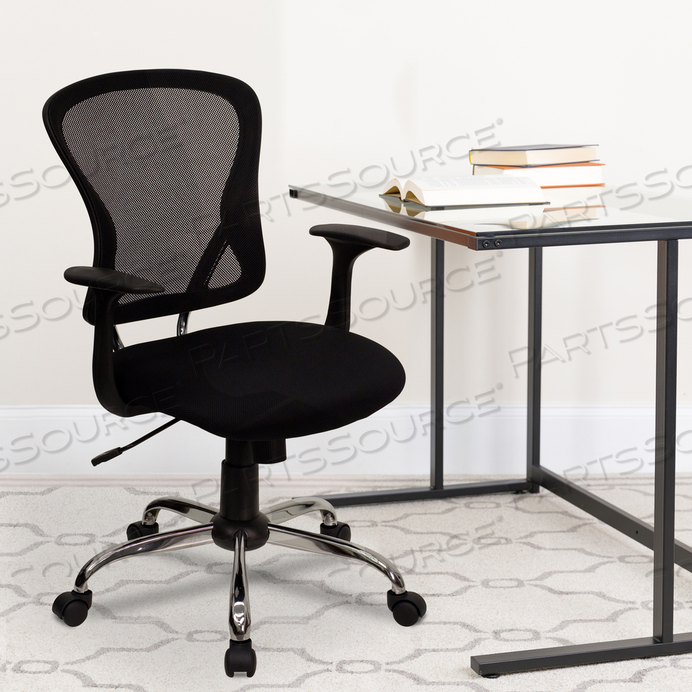 ALFRED MID-BACK BLACK MESH SWIVEL TASK OFFICE CHAIR WITH CHROME BASE AND ARMS by Flash Furniture ALFRED MID-BACK BLACK MESH SWIVEL TASK OFFICE CHAIR WITH CHROME BASE AND ARMS by Flash Furniture