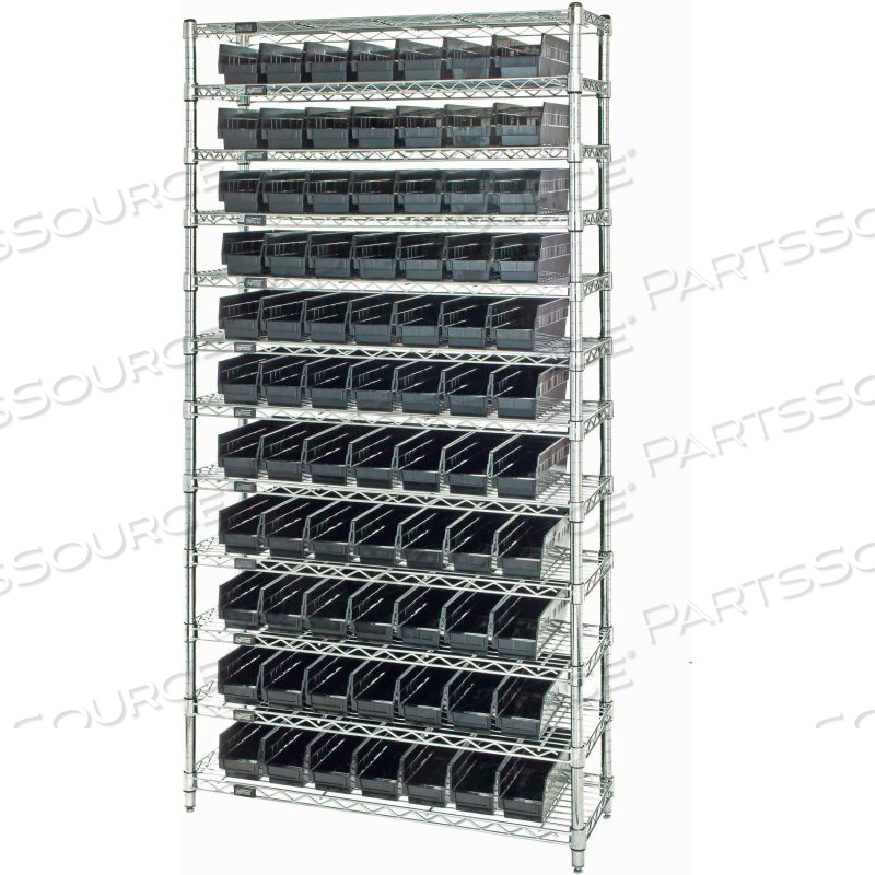STEEL WIRE SHELVING WITH 88 CONDUCTIVE 4"H BINS BLACK - 12 SHELVES - 36"W X 18"D X 74"H by Quantum Storage Systems STEEL WIRE SHELVING WITH 88 CONDUCTIVE 4"H BINS BLACK - 12 SHELVES - 36"W X 18"D X 74"H by Quantum Storage Systems