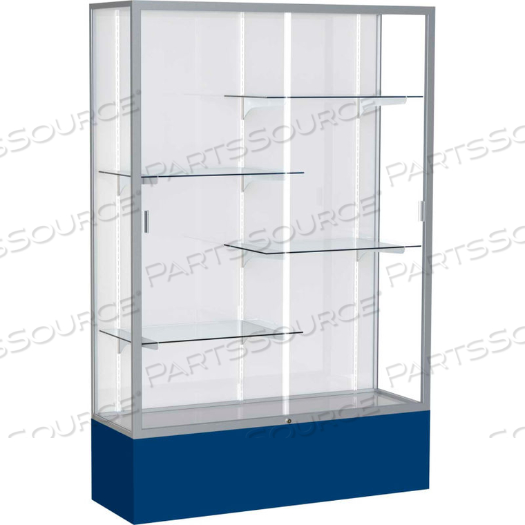 SPIRIT DISPLAY CASE NAVY BASE, SATIN FRAME, WHITE BACK 48"W X 16"D X 72"H by Waddell Display SPIRIT DISPLAY CASE NAVY BASE, SATIN FRAME, WHITE BACK 48"W X 16"D X 72"H by Waddell Display