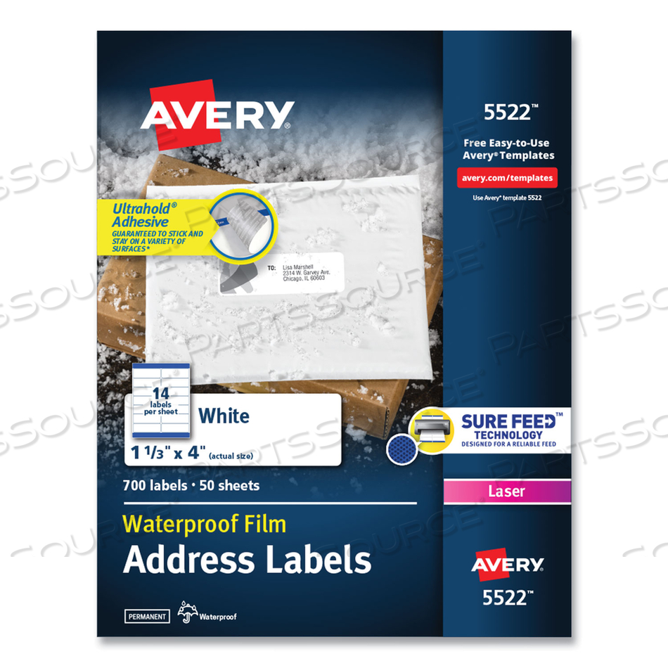 WATERPROOF ADDRESS LABELS WITH TRUEBLOCK AND SURE FEED, LASER PRINTERS, 1.33 X 4, WHITE, 14/SHEET by Avery