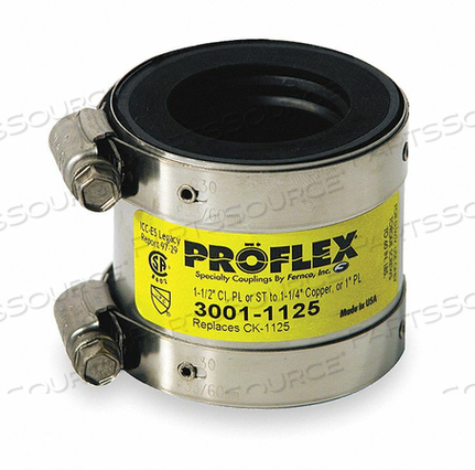 SHIELDED TRANSITION COUPLING, NEOPRENE, FOR 1 IN_1 1/2 IN PIPE, 2 1/8 IN OVERALL LG by Fernco SHIELDED TRANSITION COUPLING, NEOPRENE, FOR 1 IN_1 1/2 IN PIPE, 2 1/8 IN OVERALL LG by Fernco