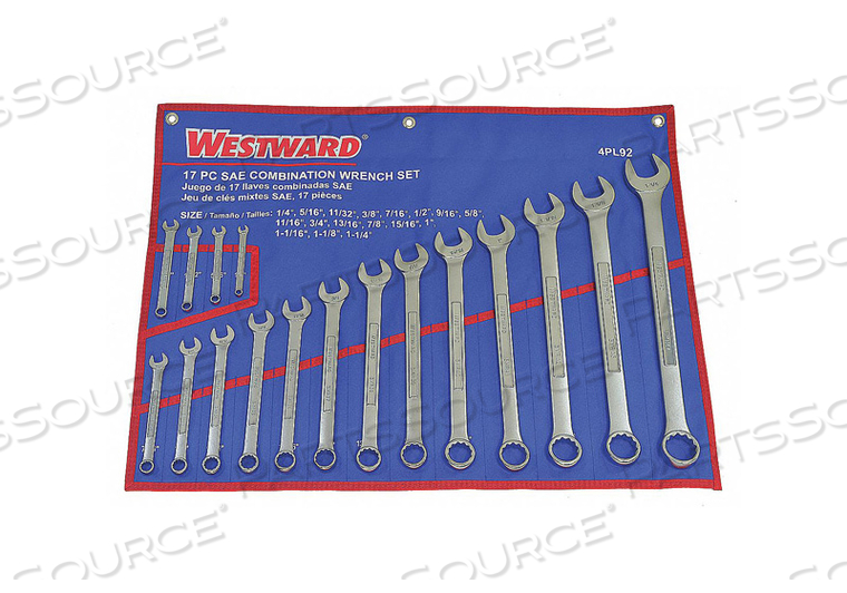 COMBINATION WRENCH SET, ALLOY STEEL, SATIN, NUMBER OF TOOLS 17, RANGE OF HEAD SIZES 1/4 IN TO 1 1/4 IN, HEAD OFFSET ANGLE 15 DEGREES , OFFSE by Westward COMBINATION WRENCH SET, ALLOY STEEL, SATIN, NUMBER OF TOOLS 17, RANGE OF HEAD SIZES 1/4 IN TO 1 1/4 IN, HEAD OFFSET ANGLE 15 DEGREES , OFFSE by Westward