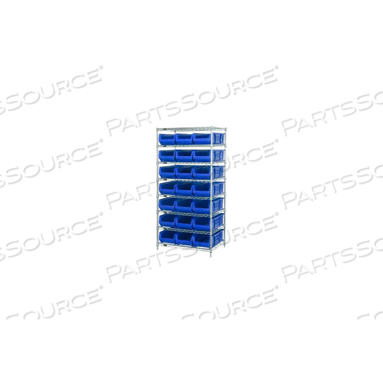 WR8-952 CHROME WIRE SHELVING WITH 21 24"D HOPPER BINS BLUE, 24X36X74 by Quantum Storage Systems WR8-952 CHROME WIRE SHELVING WITH 21 24"D HOPPER BINS BLUE, 24X36X74 by Quantum Storage Systems