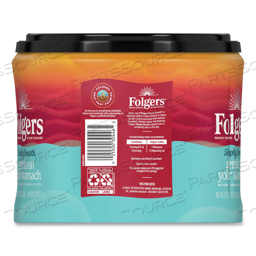 SIMPLY SMOOTH GROUND COFFEE, GENTLE ON YOUR STOMACH, 27 OZ CANISTER by Folgers SIMPLY SMOOTH GROUND COFFEE, GENTLE ON YOUR STOMACH, 27 OZ CANISTER by Folgers