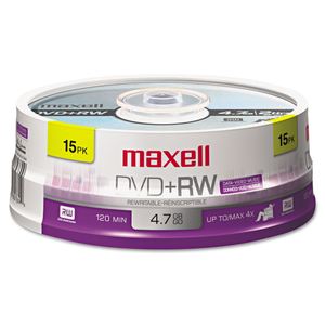 DVD+RW REWRITABLE DISC, 4.7 GB, 4X, SPINDLE, SILVER, 15/PACK by Maxell
