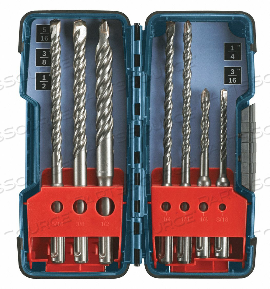 ROTARY HAMMER DRILL SET, SDS PLUS, 7 NUMBER OF DRILL BITS, CARBIDE TIPPED, NUMBER OF CUTTER HEADS 2, OVERALL LENGTH 6 IN, BRIGHT (UNCOATED), by Bosch Tools