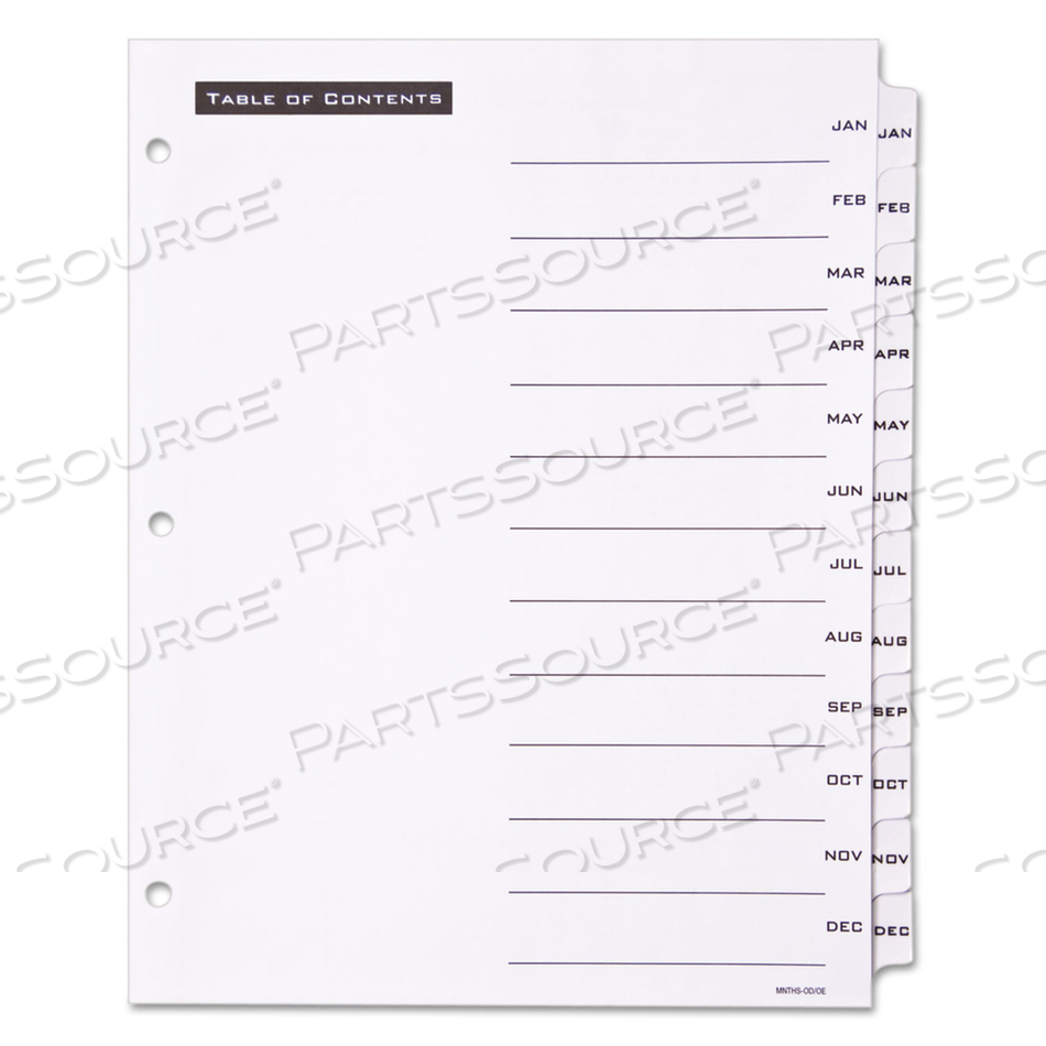 TABLE 'N TABS DIVIDERS, 12-TAB, JAN. TO DEC., 11 X 8.5, WHITE, WHITE TABS, 1 SET 