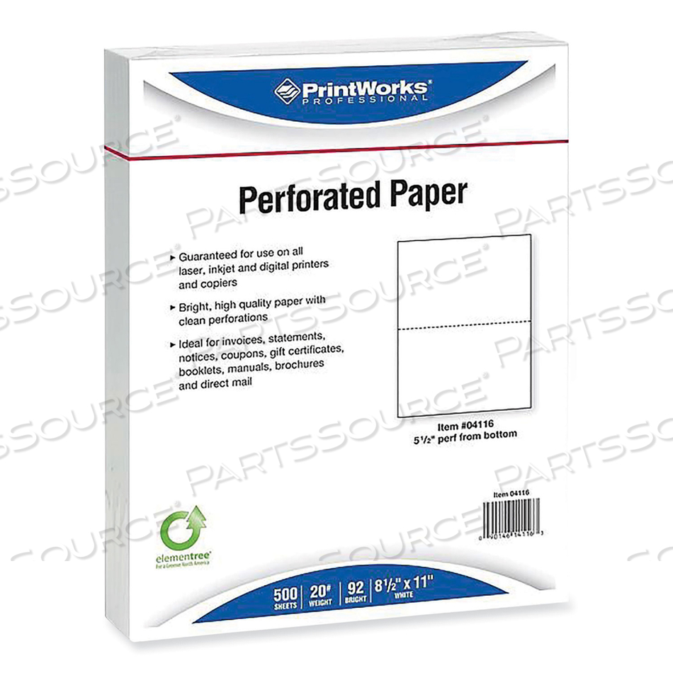 PERFORATED AND PUNCHED PAPER, 20 LB BOND WEIGHT, 8.5 X 11, WHITE, 500/REAM, 5 REAMS/CARTON 