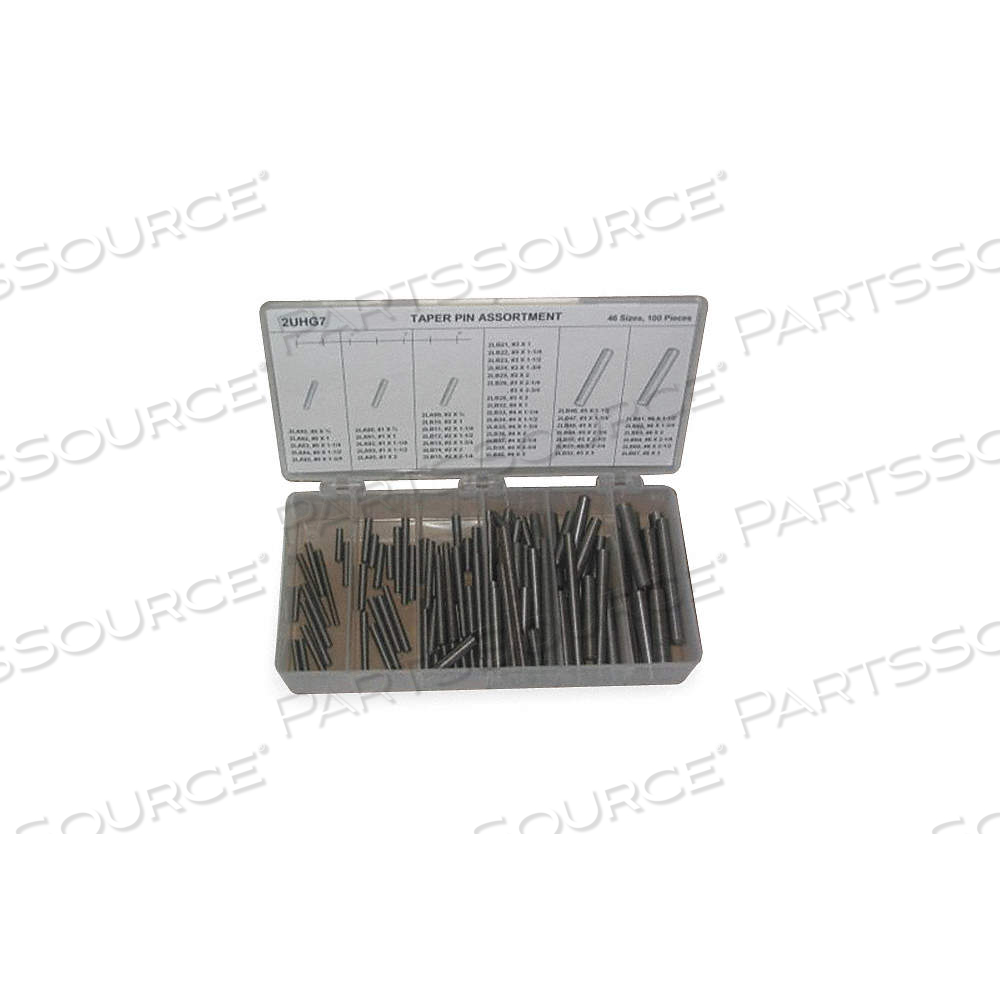 PIN ASSORTMENT,100 PCS,46 SIZES, INCH, STD, STEEL, UNGRADED, PLAIN, 100 PIECES, 46 # OF SIZES by Approved Vendor