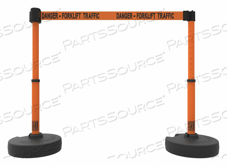 PLUS BARRIER SET X2, 42" ORANGE POST, 15' ORANGE "DANGER-FORKLIFT TRAFFIC" BELT by Banner Stakes PLUS BARRIER SET X2, 42" ORANGE POST, 15' ORANGE "DANGER-FORKLIFT TRAFFIC" BELT by Banner Stakes