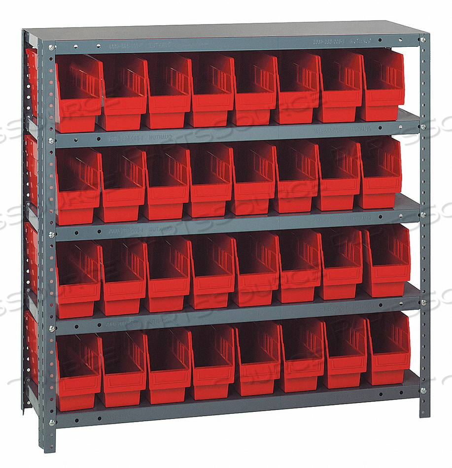 1239-201 STEEL SHELVING WITH 32 6"H SHELF BINS RED, 36X12X39-5 SHELVES by Quantum Storage Systems 1239-201 STEEL SHELVING WITH 32 6"H SHELF BINS RED, 36X12X39-5 SHELVES by Quantum Storage Systems