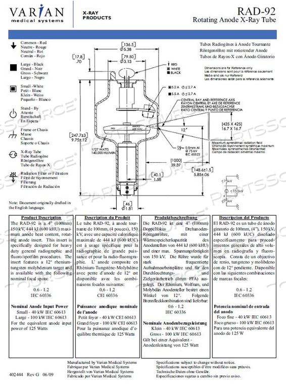 RAD 92/B130H  CARESTREAM CHEST  180 DEGREE, Q STATOR .6/1.2 