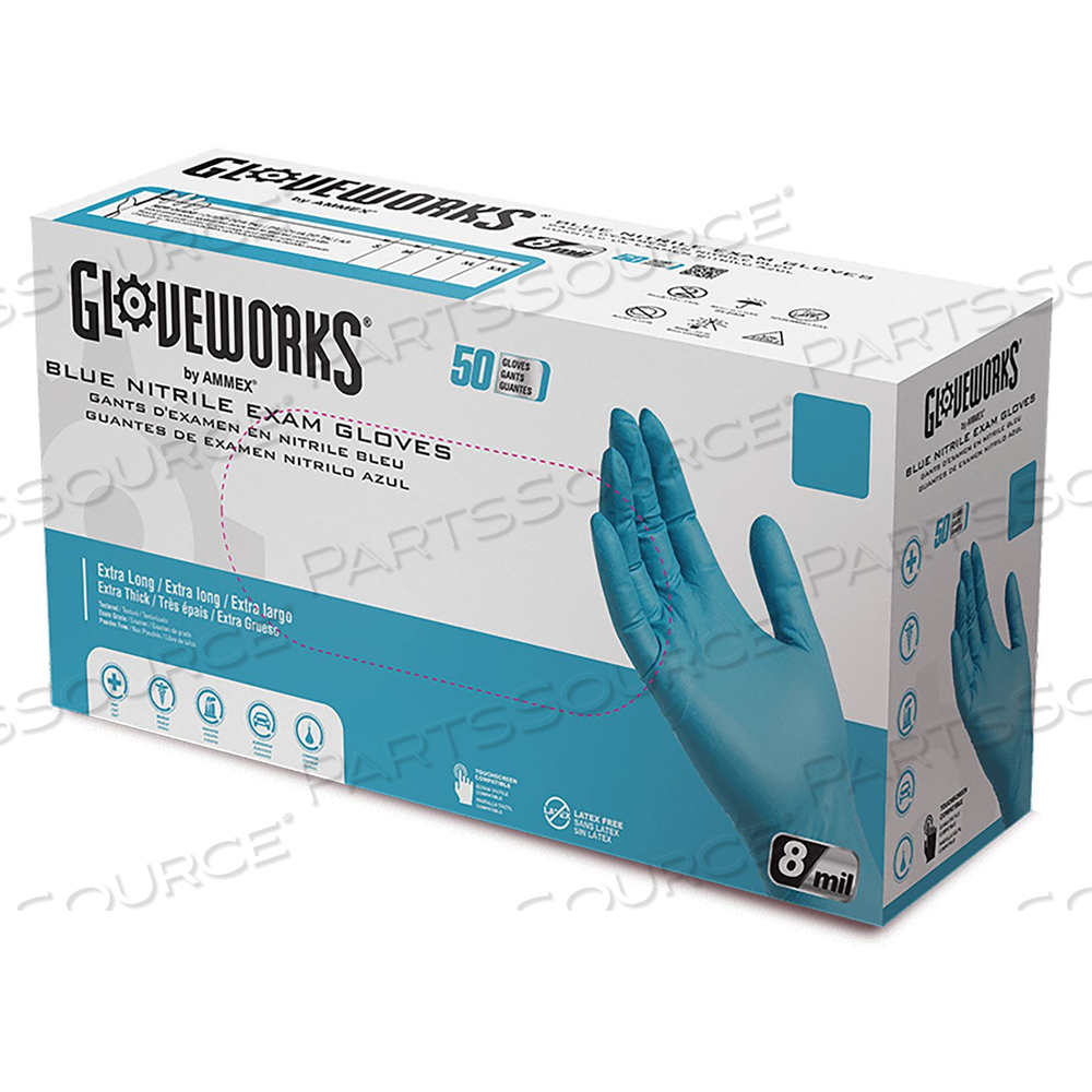 BLUE NITRILE EXAM GLOVES, POWDER-FREE, X-LARGE, BLUE, 8 MIL, 50/BOX, 10 BOXES/CARTON 