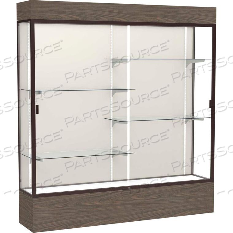 RELIANT LIGHTED DISPLAY CASE 72"W X 80"H X 16"D WALNUT BASE PLAQUE BACK DARK BRONZE FRAME by Waddell Display
