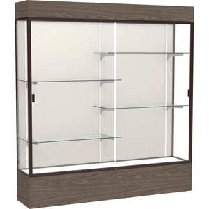 RELIANT LIGHTED DISPLAY CASE 72"W X 80"H X 16"D WALNUT BASE PLAQUE BACK DARK BRONZE FRAME by Waddell Display