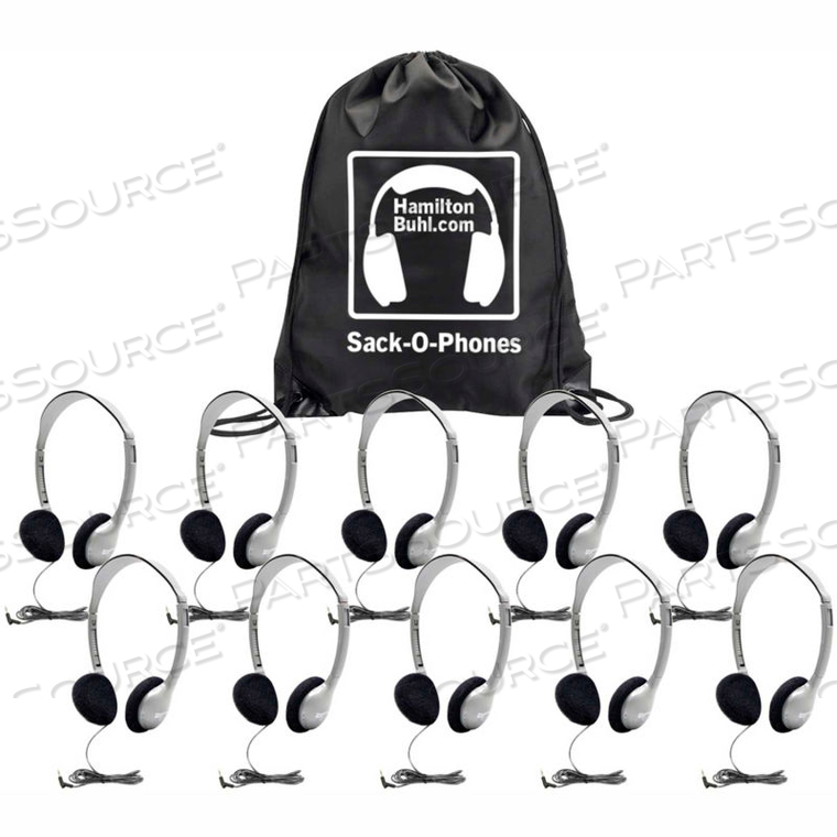 SACK-O-PHONES, 10 HA2 PERSONAL HEADSETS, FOAM EAR CUSHIONS IN A CARRY BAG by Hamilton & Buhl