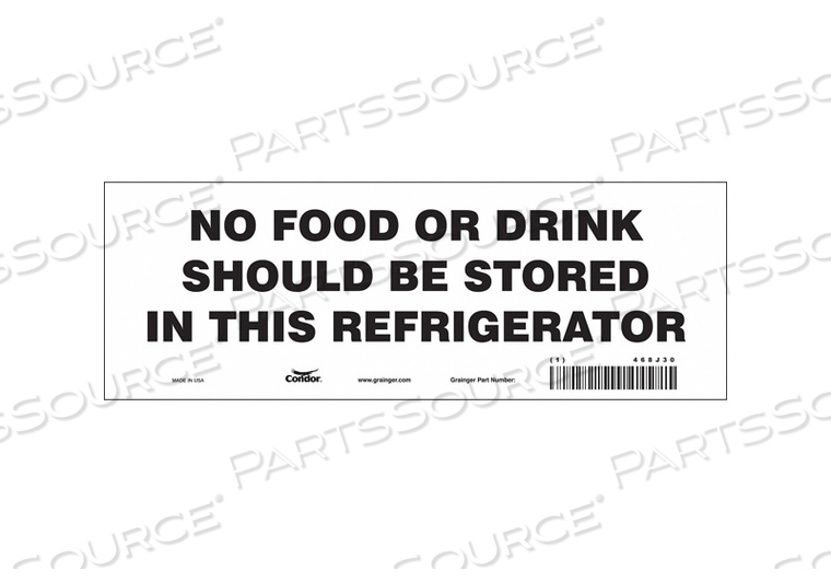 SAFETY SIGN, VERTICAL RECTANGLE, NUMBER OF PRINTED SIDES 1, ENGLISH, SIGN FORMAT OTHER FORMAT, SIGN LEGEND NO FOOD OR DRINK SHOULD BE STORED by Condor