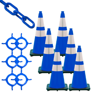 TRAFFIC CONE & CHAIN KIT W/ REFLECTIVE COLLAR, 28" CONE HEIGHT, HDPE/PVC, BLUE by Mr. Chain