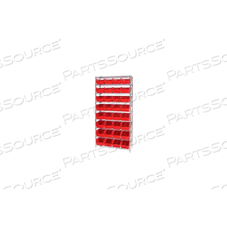 WR9-208 CHROME WIRE SHELVING WITH 32 6"H PLASTIC SHELF BINS RED, 36X18X74 by Quantum Storage Systems WR9-208 CHROME WIRE SHELVING WITH 32 6"H PLASTIC SHELF BINS RED, 36X18X74 by Quantum Storage Systems