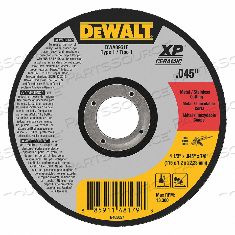 XP CERAMIC METAL CUTTING WHEELS TYPE 1 4-1/2" X 7/8" ALUMINUM OXIDE 60 GRIT by DeWalt
