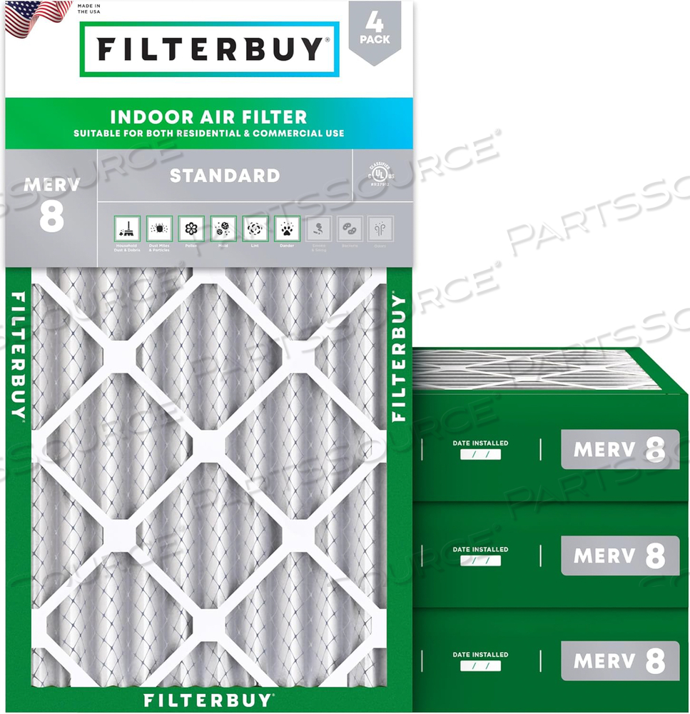 FILTERBUY 10X20X4 AIR FILTER MERV 8 DUST DEFENSE (4-PACK), PLEATED HVAC AC FURNACE AIR FILTERS REPLACEMENT (ACTUAL SIZE: 9.50 X 19.50 X 3.75 INCHES) 