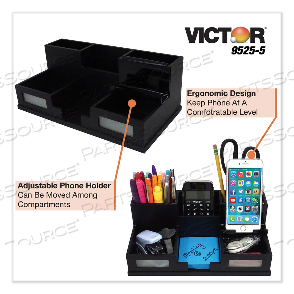 MIDNIGHT BLACK DESK ORGANIZER WITH SMARTPHONE HOLDER, 6 COMPARTMENTS, WOOD, 10.5 X 5.5 X 4 by Victor Technology, LLC