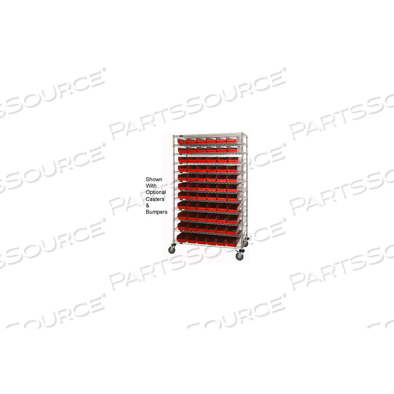 CHROME WIRE SHELVING WITH 66 4"H PLASTIC SHELF BINS RED, 48X24X74 by Approved Vendor