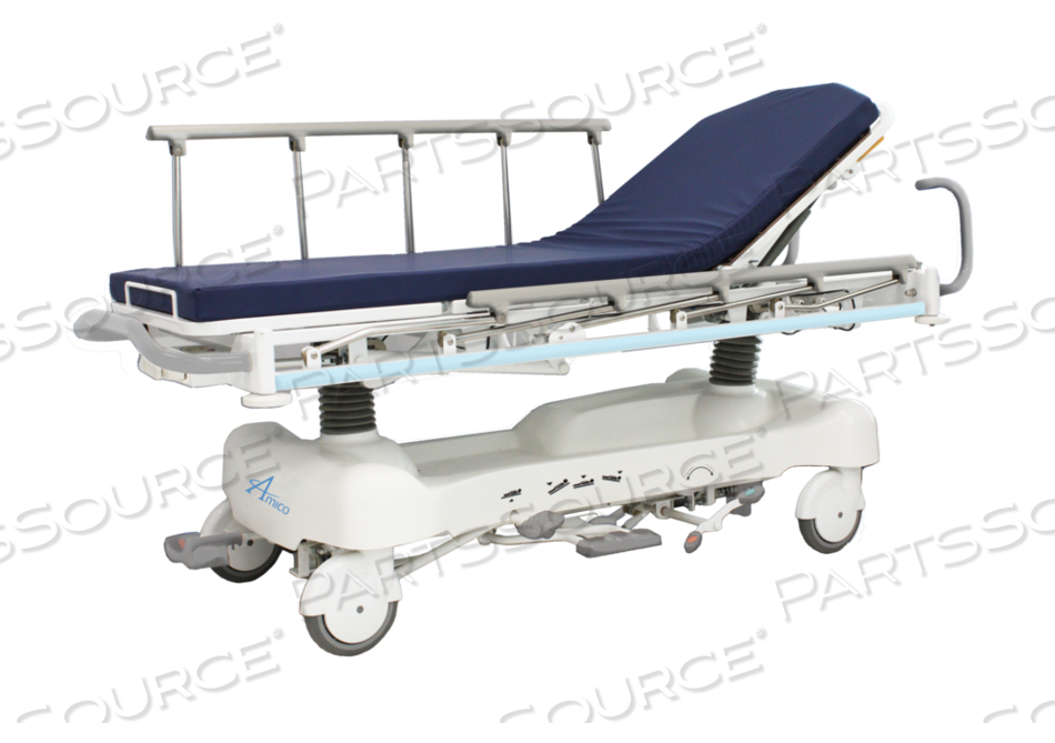 AMICO S-H-300 HYDRAULIC PATIENT TRANSFER STRETCHER WITH 550LBS CAPACITY OFFERS ADJUSTMENT WITH HEIGHT, BACK ELEVATION, KNEE ELEVATION, TRENDELENBURG AND REVERSE-TRENDELENBURG POSITIONS. INCLUDES CPR FUNCTION, 8" SWIVEL CASTERS, 5TH WHEEL, AND RADIOLUCENT BACKREST. 