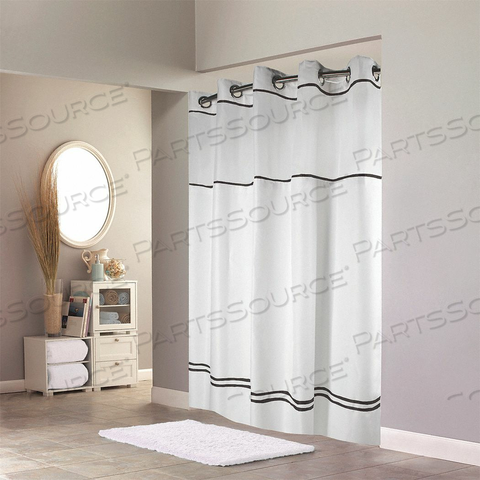 SHOWER CURTAIN WHITE/BLACK POLYESTER by Hookless SHOWER CURTAIN WHITE/BLACK POLYESTER by Hookless