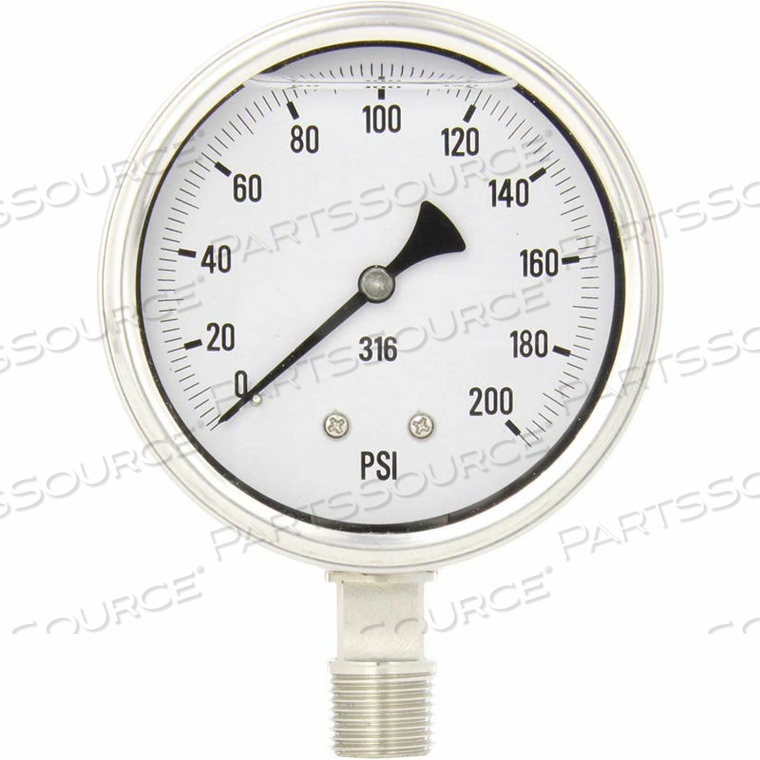4" ALL STAINLESS PRESSURE GAUGE, 1/2" NPT, 0/200 PSI, DRY FILLABLE, LM by PIC Gauges