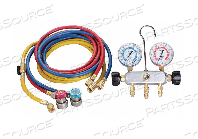 MECHANICAL MANIFOLD GAUGE SET, NUMBER OF VALVES 2, R-134A, NUMBER OF HOSES 3, 72 IN, 0 TO 500 PSI, 30 IN HG TO 350 PSI, ALUMINUM, WITH 2 3/4 by DAYTON ELECTRIC MANUFACTURING CO MECHANICAL MANIFOLD GAUGE SET, NUMBER OF VALVES 2, R-134A, NUMBER OF HOSES 3, 72 IN, 0 TO 500 PSI, 30 IN HG TO 350 PSI, ALUMINUM, WITH 2 3/4 by DAYTON ELECTRIC MANUFACTURING CO