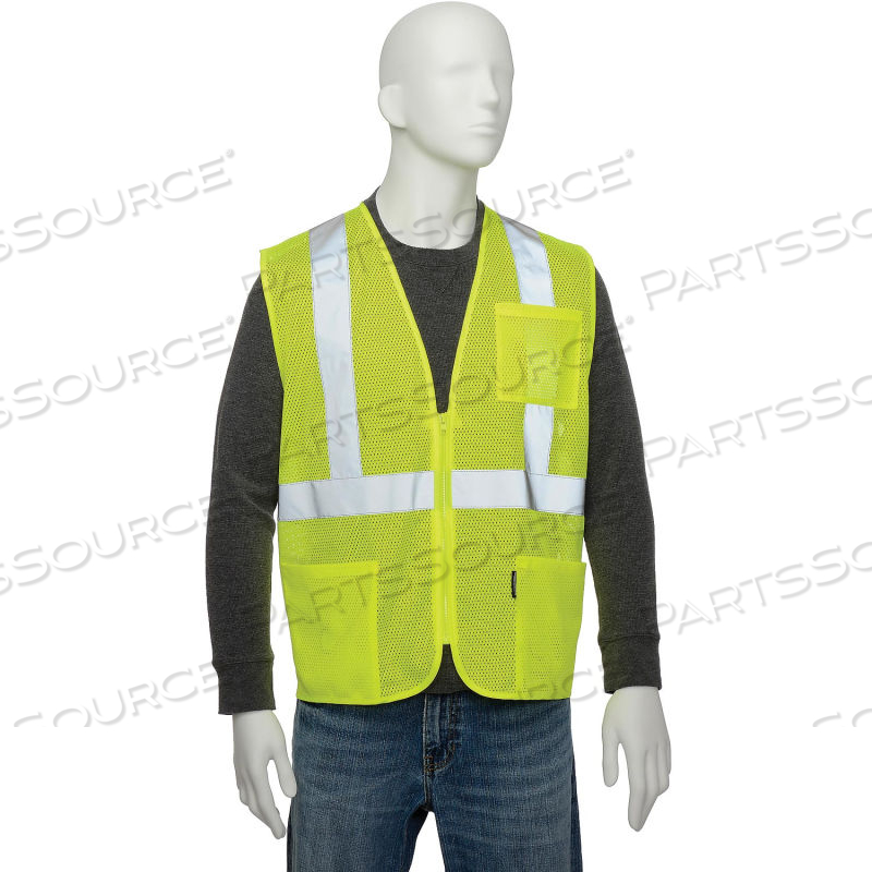 CLASS 2 HI-VIS SAFETY VEST, 2" REFLECTIVE STRIPS, POLYESTER MESH, LIME, SIZE XL 