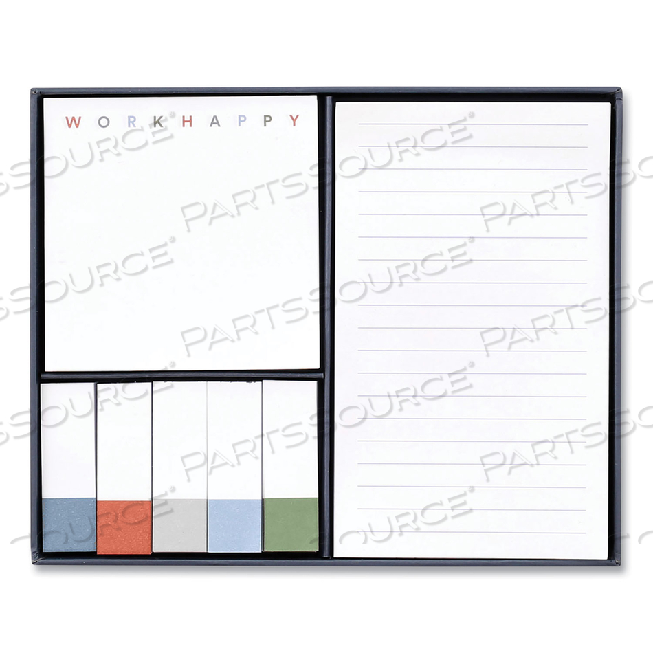 WORK HAPPY STICKY NOTES, (5) UNRULED 0.5 X 1, (1) UNRULED 3 X 3, (1) NOTE RULED 3 X 5, ASSORTED LAGOON COLORS, 90 SHEETS/PAD 