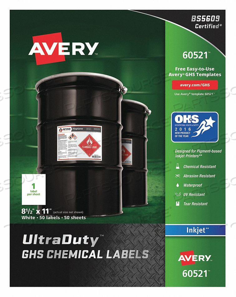 CHEM LABEL 8-1/2 W X 11 H 50 LABELS PK50 by Avery