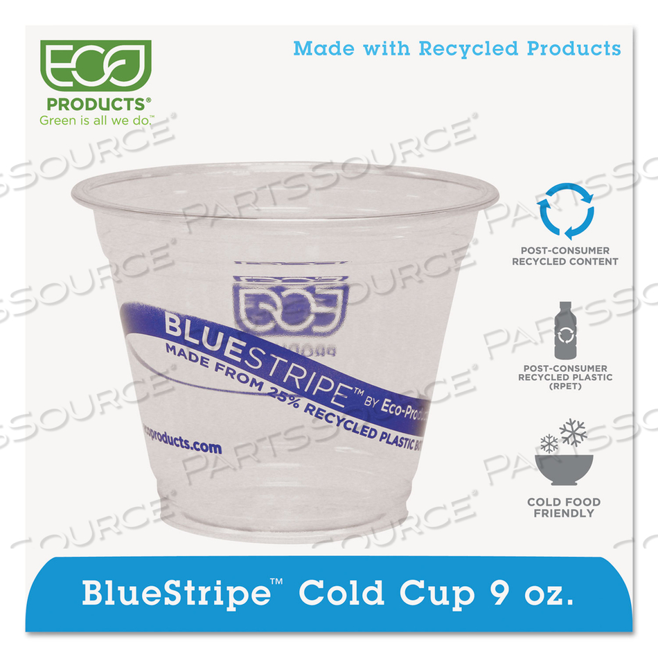 BLUESTRIPE 25% RECYCLED CONTENT COLD CUPS, 9 OZ, CLEAR/BLUE by Eco-Products