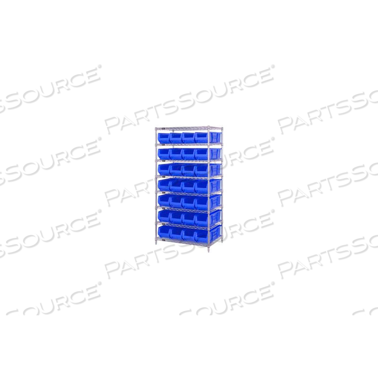 WR8-950 CHROME WIRE SHELVING WITH 28 24"D HOPPER BINS BLUE, 24X36X74 by Quantum Storage Systems WR8-950 CHROME WIRE SHELVING WITH 28 24"D HOPPER BINS BLUE, 24X36X74 by Quantum Storage Systems