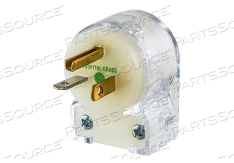 RIGHT ANGLE HOSPITAL GRADE PLUG, TRANSPARENT, 18 TO 10 AWG, IP20 ENCLOSURE, 2 POLES, 3 WIRES, 125 V, 20 A, 1.53 IN X 2.11 IN X 1.22 IN, 0.15 by Hubbell Power Systems RIGHT ANGLE HOSPITAL GRADE PLUG, TRANSPARENT, 18 TO 10 AWG, IP20 ENCLOSURE, 2 POLES, 3 WIRES, 125 V, 20 A, 1.53 IN X 2.11 IN X 1.22 IN, 0.15 by Hubbell Power Systems