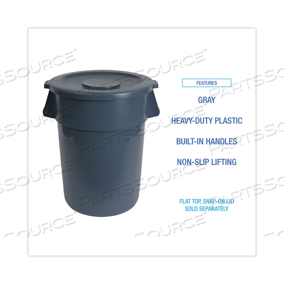 ROUND WASTE RECEPTACLE, 32 GAL, LINEAR-LOW-DENSITY POLYETHYLENE, GRAY by Boardwalk