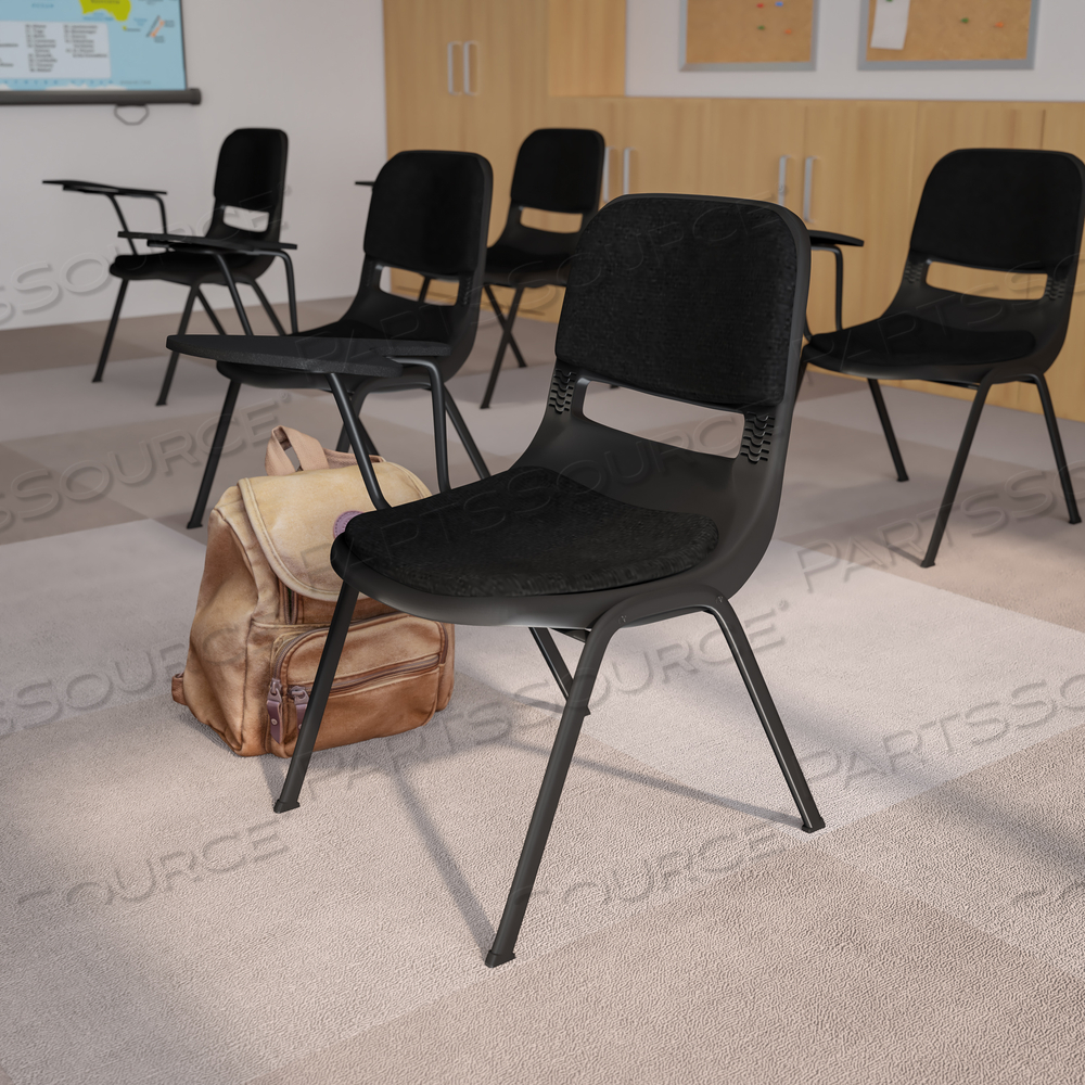 HERCULES BLACK PADDED ERGONOMIC SHELL CHAIR WITH RIGHT HANDED FLIP-UP TABLET ARM by Flash Furniture