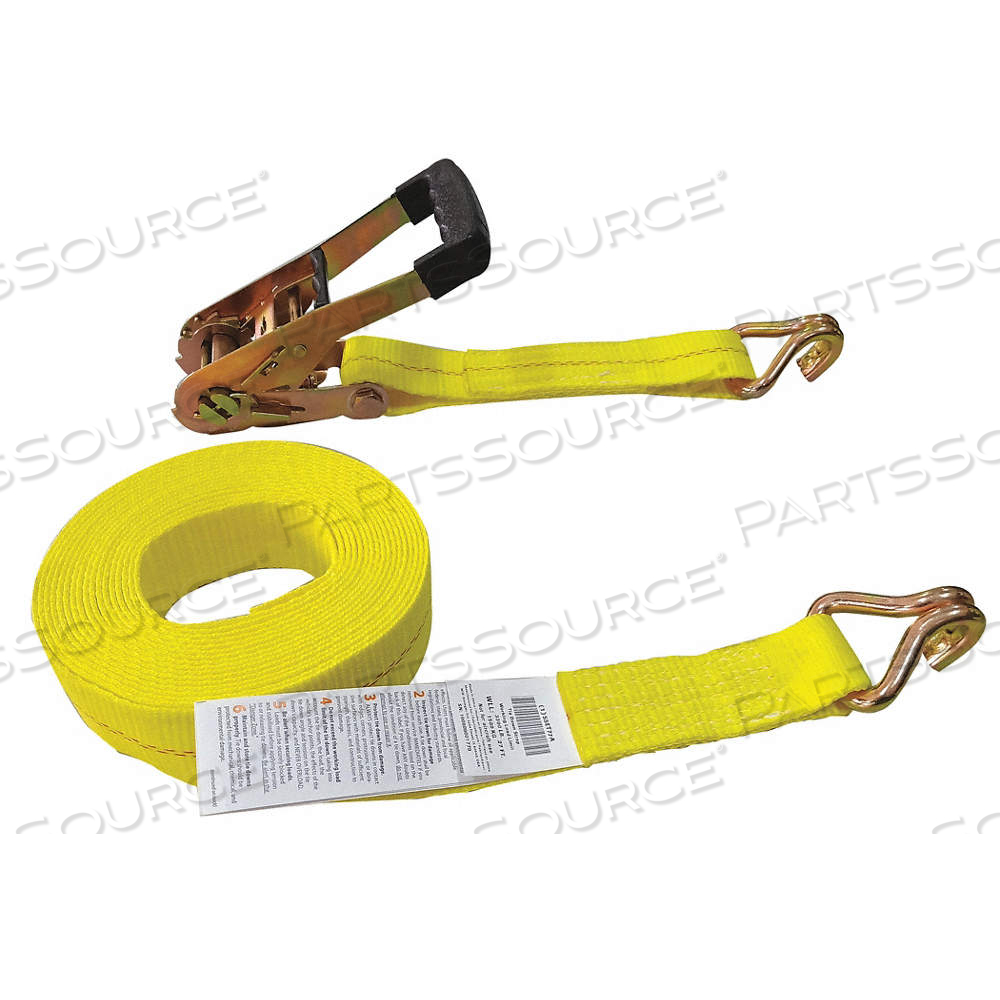 TIE DOWN STRAP, RATCHET, WIRE-HOOK, GEN PURPOSE, 2 IN WD, 3,300 LB WLL, YELLOW, 27 FT LG by Approved Vendor