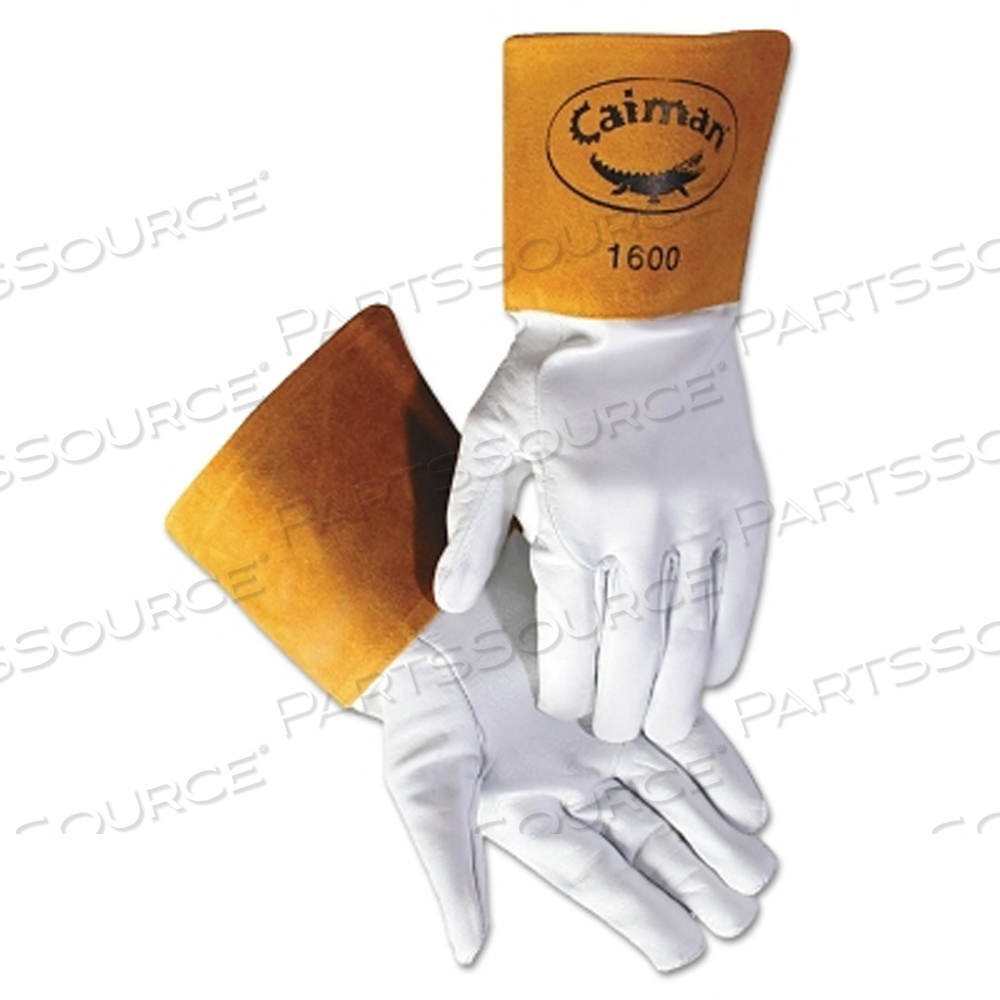 1600 GOAT GRAIN LEATHER/COWHIDE CUFF UNLINED WELDING GLOVES, LARGE, WHITE/GOLD, GAUNTLET CUFF by Caiman 1600 GOAT GRAIN LEATHER/COWHIDE CUFF UNLINED WELDING GLOVES, LARGE, WHITE/GOLD, GAUNTLET CUFF by Caiman