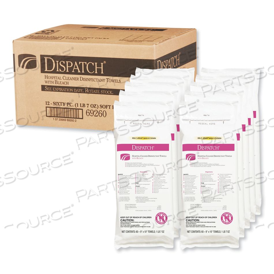 DISPATCH CLEANER DISINFECTANT TOWELS WITH BLEACH, 9 X 10, UNSCENTED, 60/PACK, 12 PACKS/CARTON 