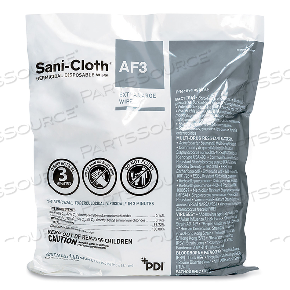 SANI-CLOTH AF3 GERMICIDAL DISPOSABLE WIPE REFILL, EXTRA-LARGE, 7.5 X 15, UNSCENTED, WHITE, 160 WIPES/BAG, 2 BAGS/CARTON 